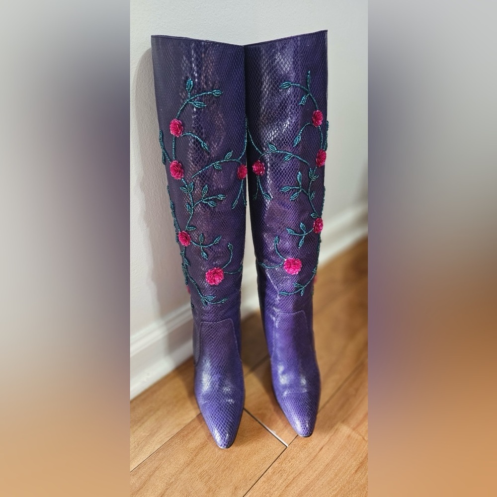 Vintage Emmanuel Ungaro Purple Reptile Leather Heeled Boots